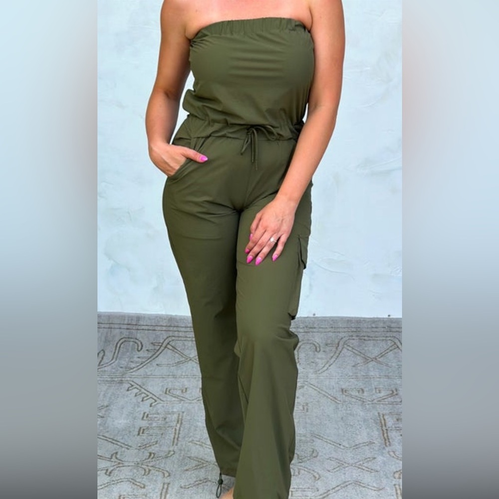 Army green strapless cargo style jumpsuit